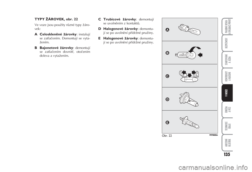 FIAT FIORINO 2007  Návod k použití a údržbě (in Czech) TYPY ŽÁROVEK, obr. 22 
Ve voze jsou použity různé typy žáro-
vek: 
A Celoskleněné žárovky: instalují
se zatlačením. Demontují se vyta-
žením. 
B Bajonetové žárovky: demontují
se z