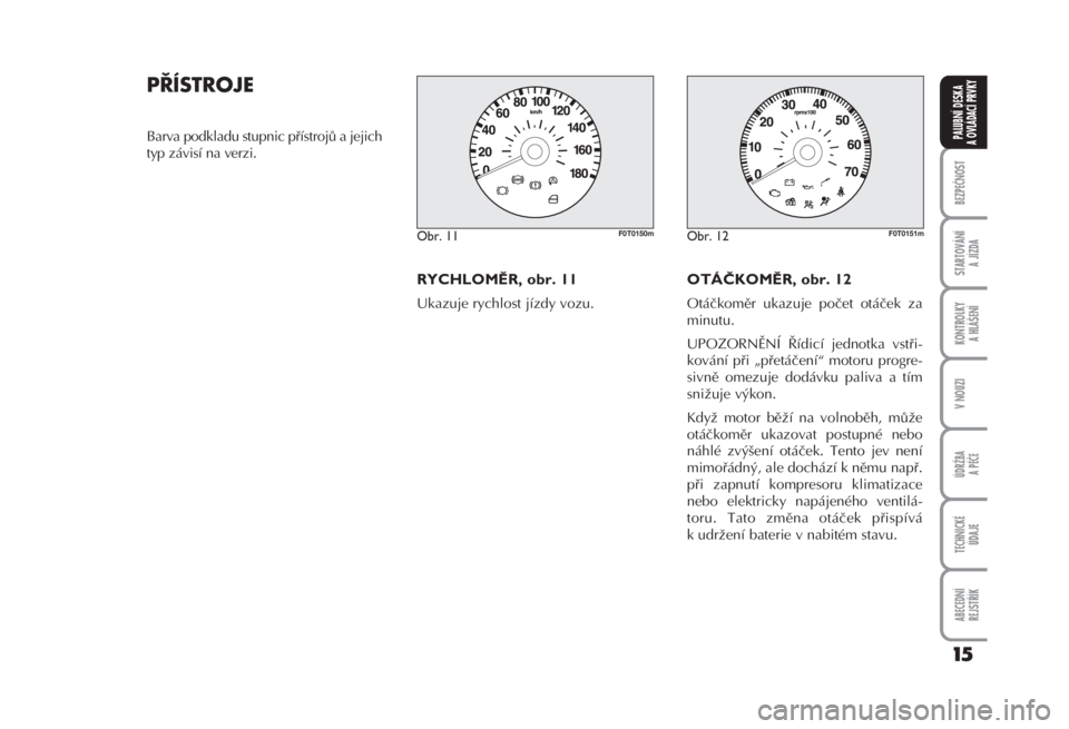 FIAT FIORINO 2008  Návod k použití a údržbě (in Czech) PŘÍSTROJE 
Barva podkladu stupnic přístrojů a jejich
typ závisí na verzi. 
RYCHLOMĚR, obr. 11 
Ukazuje rychlost jízdy vozu. 
OTÁČKOMĚR, obr. 12 
Otáčkoměr ukazuje počet otáček za
min