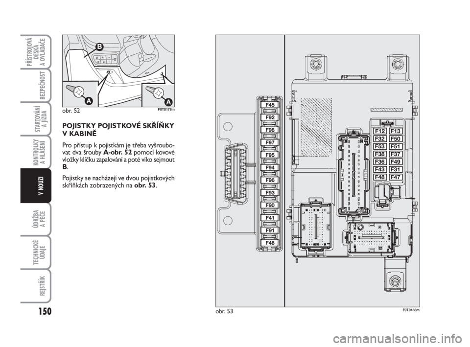 FIAT FIORINO 2012  Návod k použití a údržbě (in Czech) POJISTKY POJISTKOVÉ SKŘÍŇKY
V KABINĚ
Pro přístup k pojistkám je třeba vyšroubo-
vat dva šrouby A-obr. 52 pomocí kovové
vložky klíčku zapalování a poté víko sejmout
B.
Pojistky se n
