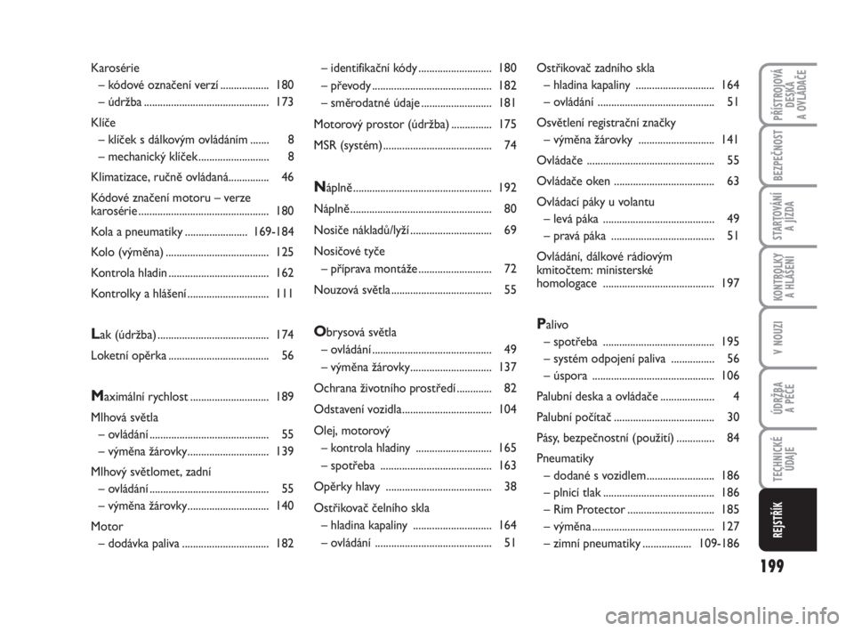 FIAT FIORINO 2011  Návod k použití a údržbě (in Czech) 199
V NOUZI
PŘÍSTROJOVÁ
DESKA 
A OVLÁDAČE
BEZPEČNOST
STARTOVÁNÍ 
A JÍZDA
KONTROLKY 
A HLÁŠENÍ
ÚDRŽBA 
A PÉČE
TECHNICKÉ
ÚDAJE
REJSTŘÍK
– identifikační kódy ....................