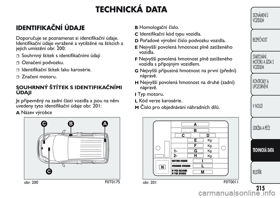 FIAT FIORINO 2017  Návod k použití a údržbě (in Czech) TECHNICKÁ DATA
IDENTIFIKAČNÍ ÚDAJE
Doporučuje se poznamenat si identifikační údaje.
Identifikační údaje vyražené a vytištěné na štítcích a
jejich umístění obr. 200:
Souhrnný št