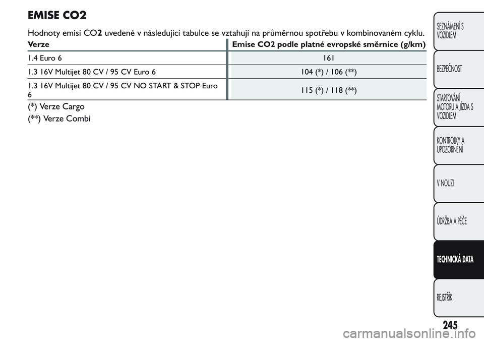 FIAT FIORINO 2017  Návod k použití a údržbě (in Czech) EMISE CO2
Hodnoty emisí CO2uvedené v následující tabulce se vztahují na průměrnou spotřebu v kombinovaném cyklu.
Verze Emise CO2 podle platné evropské směrnice (g/km)
1.4 Euro 6161
1.3 16