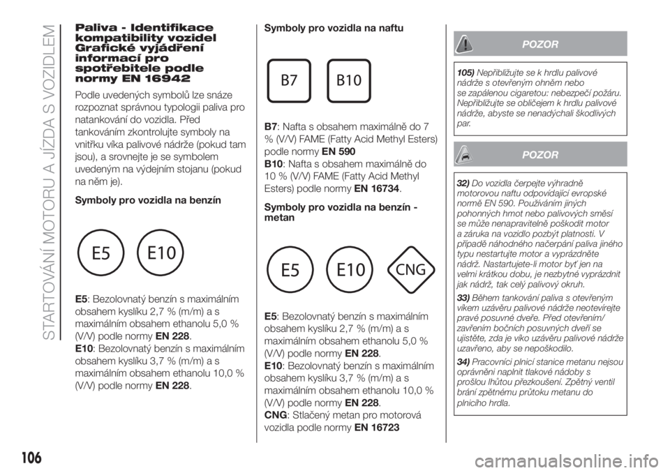 FIAT FIORINO 2018  Návod k použití a údržbě (in Czech) Paliva - Identifikace
kompatibility vozidel
Grafické vyjádření
informací pro
spotřebitele podle
normy EN 16942
Podle uvedených symbolů lze snáze
rozpoznat správnou typologii paliva pro
natan