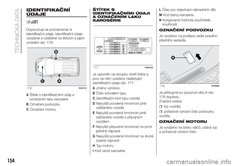 FIAT FIORINO 2018  Návod k použití a údržbě (in Czech) IDENTIFIKAČNÍ
ÚDAJE
Doporučuje se poznamenat si
identifikační údaje. Identifikační údaje
vyražené a vytištěné na štítcích a jejich
umístění obr. 176:
AŠtítek s identifikačními