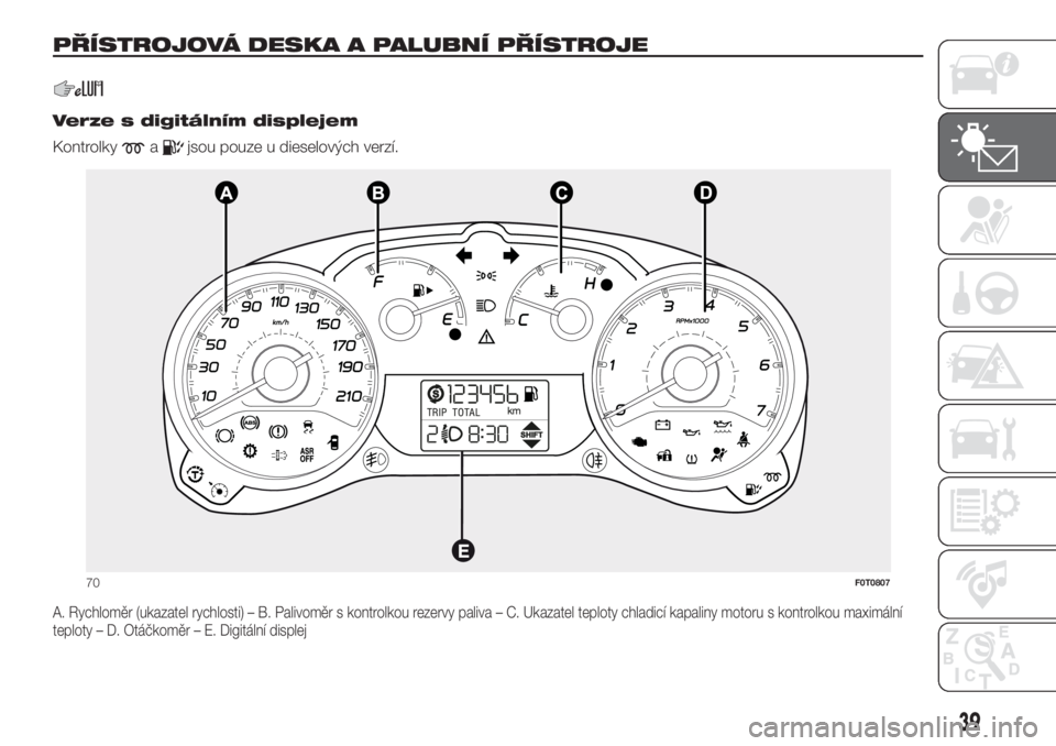 FIAT FIORINO 2018  Návod k použití a údržbě (in Czech) PŘÍSTROJOVÁ DESKA A PALUBNÍ PŘÍSTROJE.
.
Verze s digitálním displejem
Kontrolky
ajsou pouze u dieselových verzí.
A. Rychloměr (ukazatel rychlosti) – B. Palivoměr s kontrolkou rezervy pal