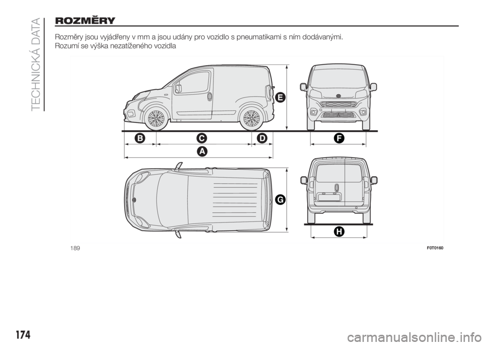 FIAT FIORINO 2019  Návod k použití a údržbě (in Czech) ROZMĚRY
Rozměry jsou vyjádřeny v mm a jsou udány pro vozidlo s pneumatikami s ním dodávanými.
Rozumí se výška nezatíženého vozidla
189F0T0160
174
TECHNICKÁ DATA 