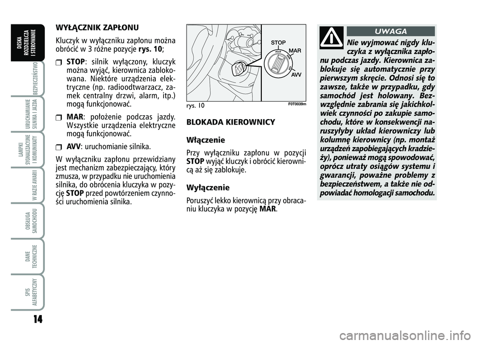 FIAT FIORINO 2007  Instrukcja obsługi (in Polish) 1
14
4BEZPIECZE¡STWO URUCHAMIANIE
SILNIKA I JAZDALAMPKI
SYGNALIZACYJNE I KOMUNIKATY
W RAZIE AWARIIOBS¸UGA
SAMOCHODUDANE
TECHNICZNESPIS
ALFABETYCZNY
DESKA
ROZDZIELCZA
I STEROWANIE
rys. 10
F0T0039m
Ni