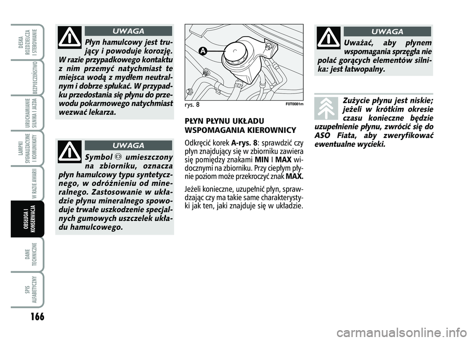 FIAT FIORINO 2007  Instrukcja obsługi (in Polish) 166DANE
TECHNICZNESPIS
ALFABETYCZNYDESKA
ROZDZIELCZA
I STEROWANIE
BEZPIECZE¡STWO URUCHAMIANIE
SILNIKA I JAZDALAMPKI
SYGNALIZACYJNE I KOMUNIKATY
W RAZIE AWARII
OBS¸UGA I
KONSERWACJA
P∏yn hamulcowy 