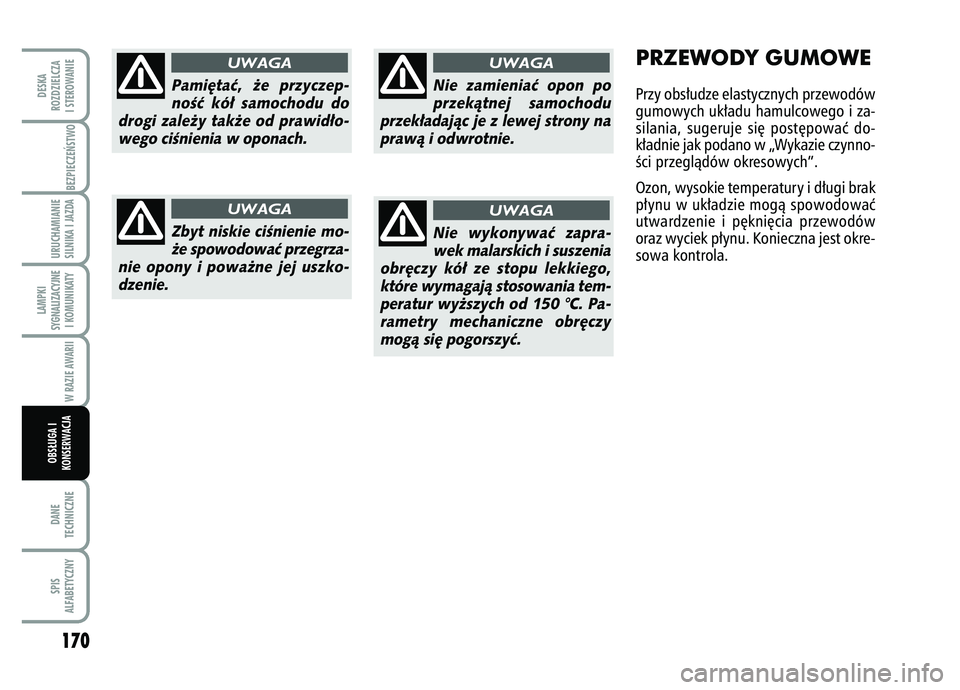 FIAT FIORINO 2007  Instrukcja obsługi (in Polish) 170DANE
TECHNICZNESPIS
ALFABETYCZNYDESKA
ROZDZIELCZA
I STEROWANIE
BEZPIECZE¡STWO URUCHAMIANIE
SILNIKA I JAZDALAMPKI
SYGNALIZACYJNE I KOMUNIKATY
W RAZIE AWARII
OBS¸UGA I
KONSERWACJA
PRZEWODY GUMOWEPr