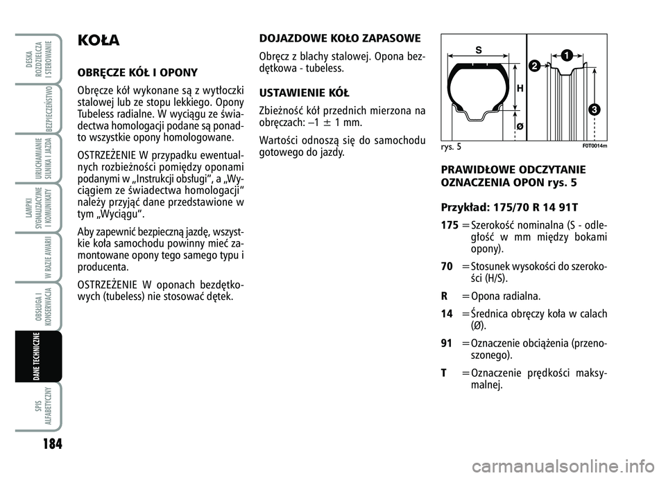 FIAT FIORINO 2007  Instrukcja obsługi (in Polish) 184SPIS
ALFABETYCZNYDESKA
ROZDZIELCZA
I STEROWANIE
BEZPIECZE¡STWO URUCHAMIANIE
SILNIKA I JAZDALAMPKI
SYGNALIZACYJNE I KOMUNIKATY
W RAZIE AWARIIOBS¸UGA I
KONSERWACJADANE TECHNICZNE
PRAWID¸OWE ODCZYT