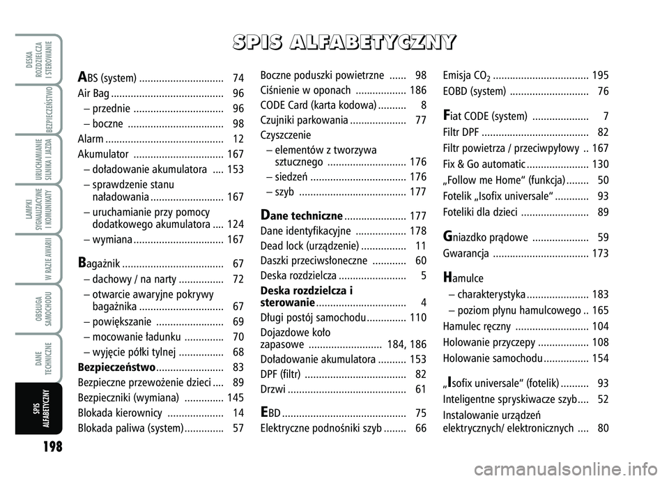 FIAT FIORINO 2008  Instrukcja obsługi (in Polish) 198DESKA
ROZDZIELCZA
I STEROWANIE
BEZPIECZE¡STWO URUCHAMIANIE
SILNIKA I JAZDALAMPKI
SYGNALIZACYJNE I KOMUNIKATY
W RAZIE AWARIIOBS¸UGA
SAMOCHODUDANE
TECHNICZNESPIS
ALFABETYCZNY
Boczne poduszki powiet