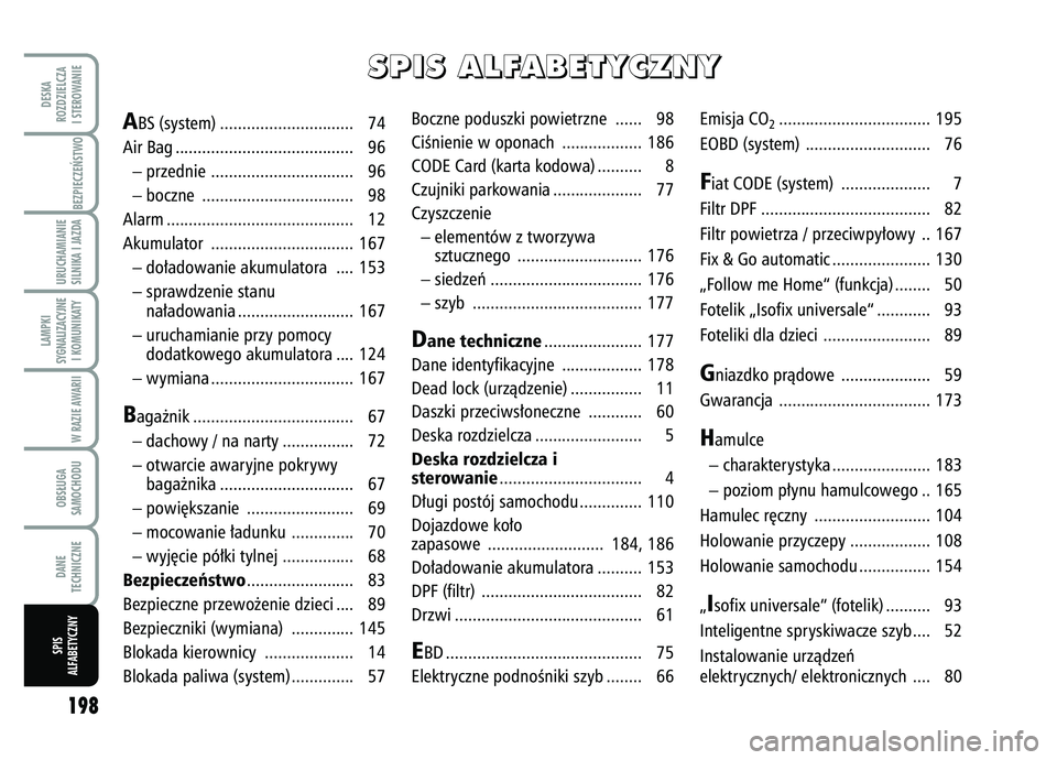 FIAT FIORINO 2007  Instrukcja obsługi (in Polish) 198DESKA
ROZDZIELCZA
I STEROWANIE
BEZPIECZE¡STWO URUCHAMIANIE
SILNIKA I JAZDALAMPKI
SYGNALIZACYJNE I KOMUNIKATY
W RAZIE AWARIIOBS¸UGA
SAMOCHODUDANE
TECHNICZNESPIS
ALFABETYCZNY
Boczne poduszki powiet