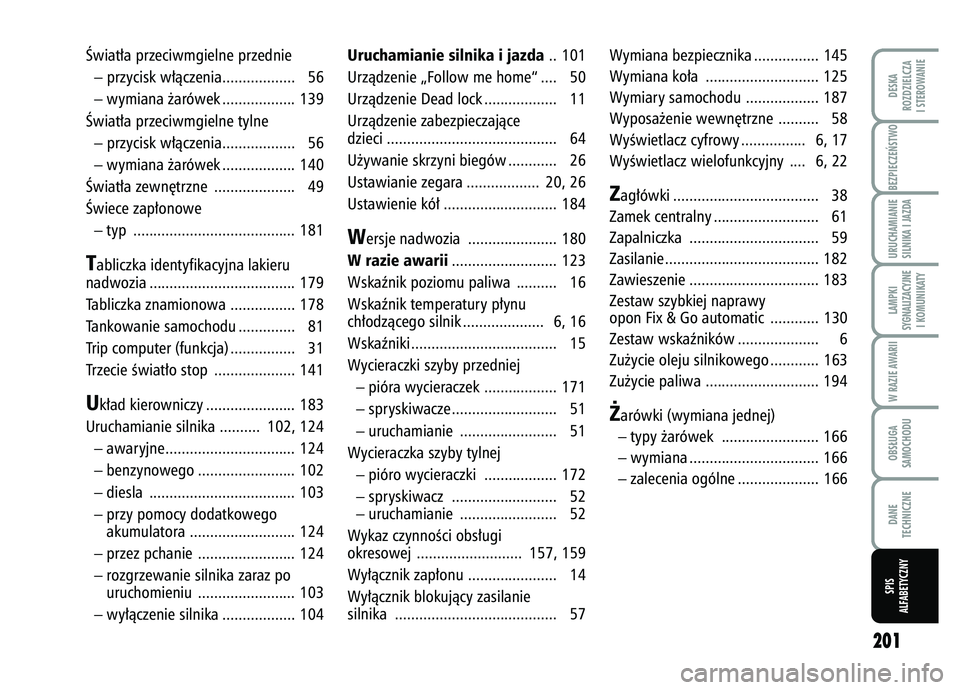 FIAT FIORINO 2008  Instrukcja obsługi (in Polish) BEZPIECZE¡STWO 
201
DESKA
ROZDZIELCZA
I STEROWANIEURUCHAMIANIE
SILNIKA I JAZDALAMPKI
SYGNALIZACYJNE I KOMUNIKATYW RAZIE AWARIIOBS¸UGA
SAMOCHODUDANE
TECHNICZNESPIS
ALFABETYCZNY
Âwiat∏a przeciwmgie