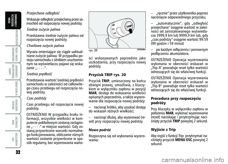 FIAT FIORINO 2007 Instrukcja obsługi (in Polish) 3
32
2BEZPIECZE¡STWO URUCHAMIANIE
SILNIKA I JAZDALAMPKI
SYGNALIZACYJNE I KOMUNIKATY
W RAZIE AWARIIOBS¸UGA
SAMOCHODUDANE
TECHNICZNESPIS
ALFABETYCZNY
DESKA
ROZDZIELCZA
I STEROWANIE
Przejechana odleg FIAT FIORINO 2007 Instrukcja obsługi (in Polish) 3
32
2BEZPIECZE¡STWO URUCHAMIANIE
SILNIKA I JAZDALAMPKI
SYGNALIZACYJNE I KOMUNIKATY
W RAZIE AWARIIOBS¸UGA
SAMOCHODUDANE
TECHNICZNESPIS
ALFABETYCZNY
DESKA
ROZDZIELCZA
I STEROWANIE
Przejechana odleg