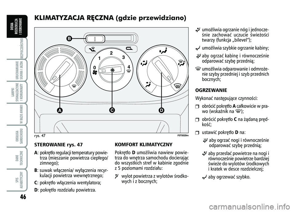 FIAT FIORINO 2008  Instrukcja obsługi (in Polish) 46BEZPIECZE¡STWO URUCHAMIANIE
SILNIKA I JAZDALAMPKI
SYGNALIZACYJNE I KOMUNIKATY
W RAZIE AWARIIOBS¸UGA
SAMOCHODUDANE
TECHNICZNESPIS
ALFABETYCZNY
DESKA
ROZDZIELCZA
I STEROWANIE
KLIMATYZACJA R¢CZNA (g