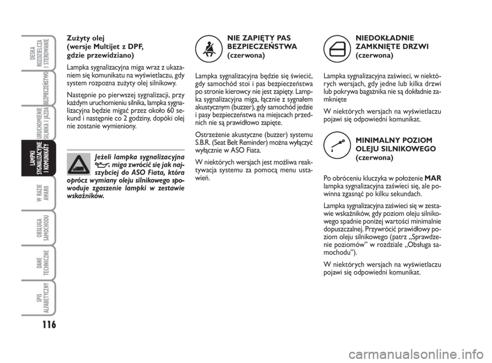 FIAT FIORINO 2009  Instrukcja obsługi (in Polish) 116
Zu ży ty olej 
(wer sje Mul ti jet z DPF, 
gdzie prze wi dzia no)
Lamp ka sy gna li za cyj na mi ga wraz z uka za -
niem się ko mu ni ka tu na wy świe tla czu, gdy
sys tem roz po zna zu ży ty 