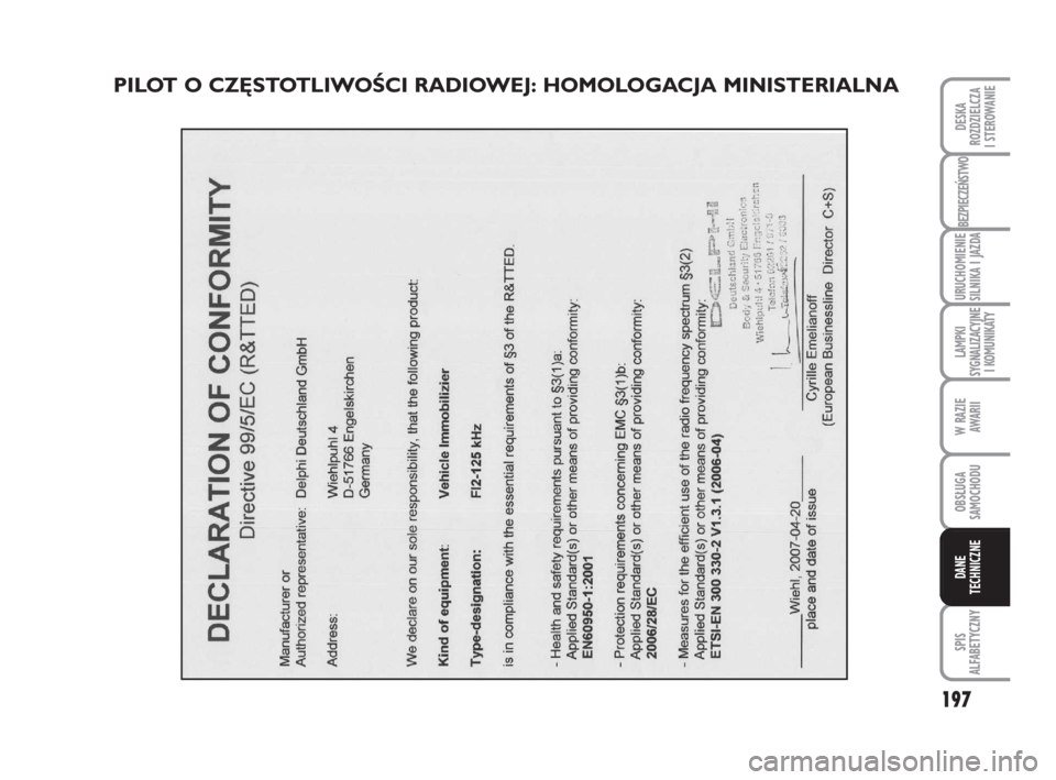FIAT FIORINO 2009 Instrukcja obsługi (in Polish) 197
LAMPKI
SYGNALIZACYJNE
I KOMUNIKATY
BEZPIECZEŃSTWO
URUCHOMIENIE
SILNIKA I JAZDA
OBSŁUGA
SAMOCHODU
SPIS
ALFABETYCZNY
DESKA
ROZDZIELCZA
I STEROWANIE
W RAZIE
AWARII
DANE
TECHNICZNE
PILOT O FIAT FIORINO 2009 Instrukcja obsługi (in Polish) 197
LAMPKI
SYGNALIZACYJNE
I KOMUNIKATY
BEZPIECZEŃSTWO
URUCHOMIENIE
SILNIKA I JAZDA
OBSŁUGA
SAMOCHODU
SPIS
ALFABETYCZNY
DESKA
ROZDZIELCZA
I STEROWANIE
W RAZIE
AWARII
DANE
TECHNICZNE
PILOT O