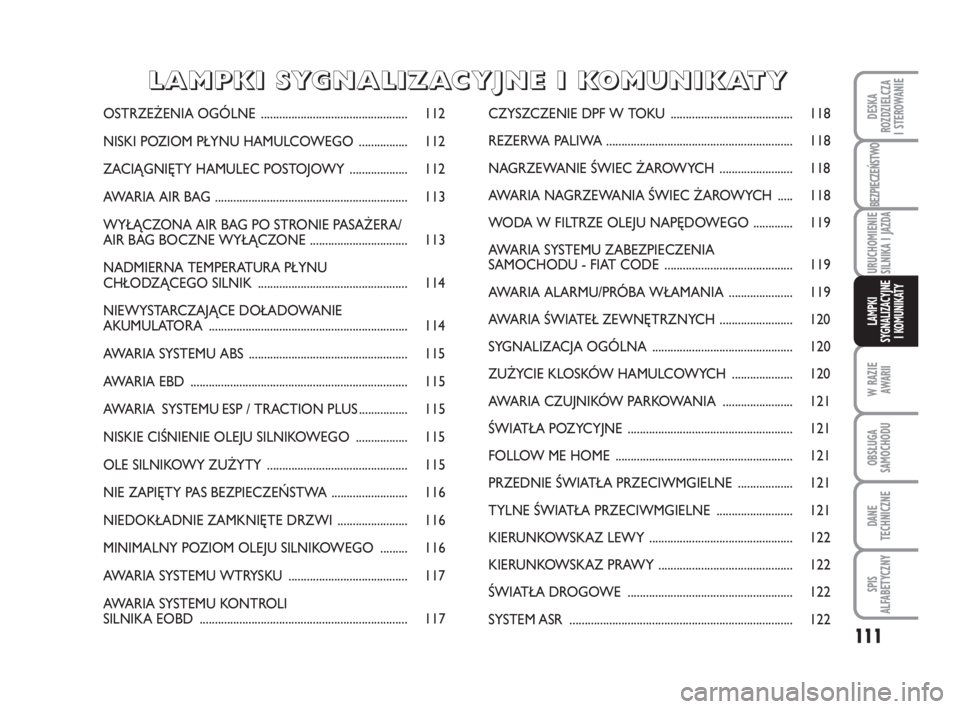 FIAT FIORINO 2012  Instrukcja obsługi (in Polish) 111
BEZPIECZEŃSTWO
URUCHOMIENIE 
SILNIKA I JAZDA
W RAZIE 
AWARII
OBSŁUGA 
SAMOCHODU 
DANE
TECHNICZNE
SPIS 
ALFABETYCZNY
DESKA 
ROZDZIELCZA 
I STEROWANIE
LAMPKI 
SYGNALIZACYJNE 
I KOMUNIKATY
OSTRZE �