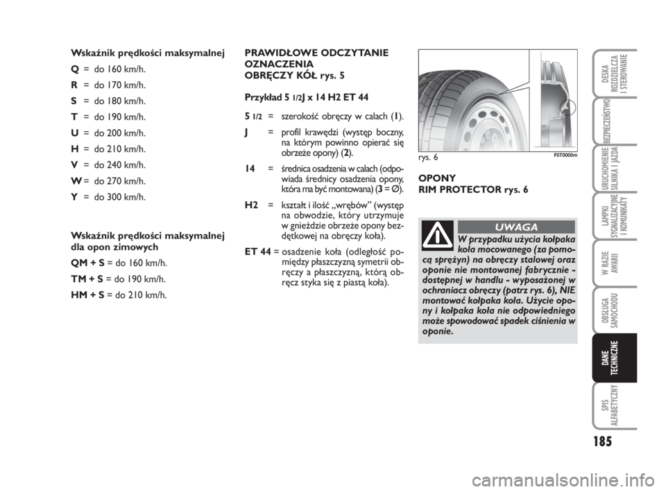 FIAT FIORINO 2016  Instrukcja obsługi (in Polish) 185
LAMPKI 
SYGNALIZACYJNE 
I KOMUNIKATY
BEZPIECZEŃSTWO
URUCHOMIENIE 
SILNIKA I JAZDA
OBSŁUGA 
SAMOCHODU 
SPIS 
ALFABETYCZNY
DESKA 
ROZDZIELCZA 
I STEROWANIE
W RAZIE 
AWARII
DANE
TECHNICZNE
Wskaźni