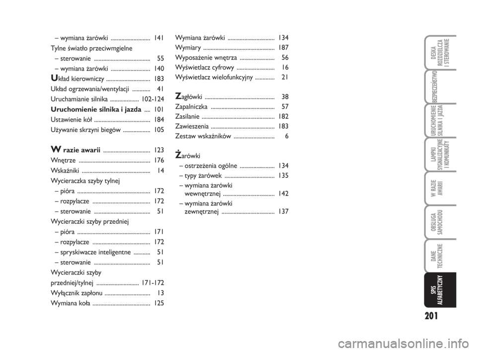 FIAT FIORINO 2015  Instrukcja obsługi (in Polish) 201
DANE
TECHNICZNE
SPIS 
ALFABETYCZNY
LAMPKI 
SYGNALIZACYJNE 
I KOMUNIKATY
BEZPIECZEŃSTWO
URUCHOMIENIE 
SILNIKA I JAZDA
W RAZIE 
AWARII
OBSŁUGA 
SAMOCHODU 
DESKA 
ROZDZIELCZA 
I STEROWANIE
– wymi