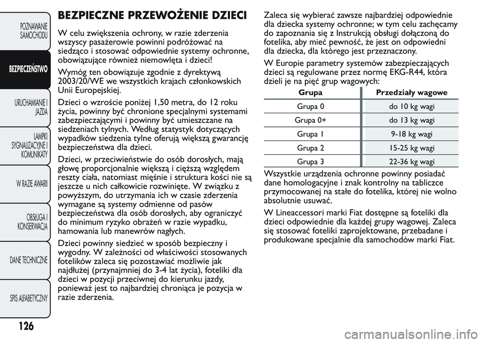 FIAT FIORINO 2017 Instrukcja obsługi (in Polish) BEZPIECZNE PRZEWOŻENIE DZIECI
W celu zwiększenia ochrony, w razie zderzenia
wszyscy pasażerowie powinni podróżować na
siedząco i stosować odpowiednie systemy ochronne,
obowiązujące również FIAT FIORINO 2017 Instrukcja obsługi (in Polish) BEZPIECZNE PRZEWOŻENIE DZIECI
W celu zwiększenia ochrony, w razie zderzenia
wszyscy pasażerowie powinni podróżować na
siedząco i stosować odpowiednie systemy ochronne,
obowiązujące również