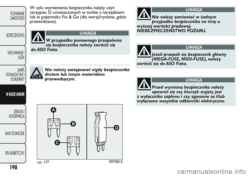 FIAT FIORINO 2017  Instrukcja obsługi (in Polish) W celu wymienienia bezpiecznika należy użyć
szczypiec D umieszczonych w torbie z narzędziami
lub w pojemniku Fix & Go (dla wersji/rynków, gdzie
przewidziano).
UWAGA
W przypadku ponownego przepale