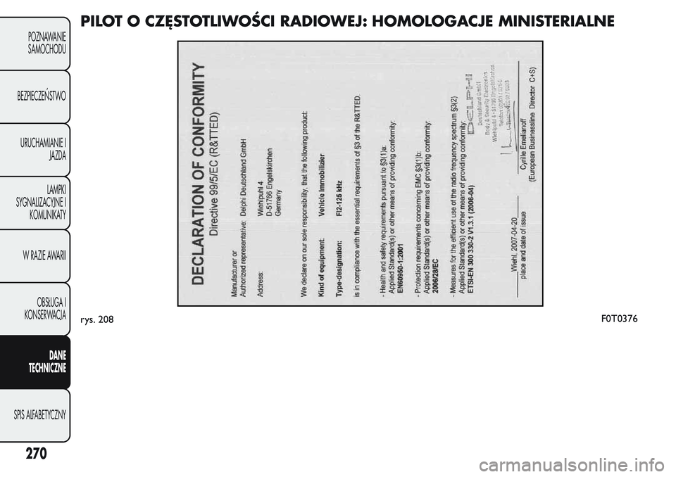 FIAT FIORINO 2017 Instrukcja obsługi (in Polish) PILOT O CZĘSTOTLIWOŚCI RADIOWEJ: HOMOLOGACJE MINISTERIALNE
rys. 208F0T0376
270
POZNAWANIE
SAMOCHODU
BEZPIECZEŃSTWO
URUCHAMIANIE I
JAZDA
LAMPKI
SYGNALIZACYJNE I
KOMUNIKATY
W RAZIE AWARII
OBSŁUGA I
FIAT FIORINO 2017 Instrukcja obsługi (in Polish) PILOT O CZĘSTOTLIWOŚCI RADIOWEJ: HOMOLOGACJE MINISTERIALNE
rys. 208F0T0376
270
POZNAWANIE
SAMOCHODU
BEZPIECZEŃSTWO
URUCHAMIANIE I
JAZDA
LAMPKI
SYGNALIZACYJNE I
KOMUNIKATY
W RAZIE AWARII
OBSŁUGA I