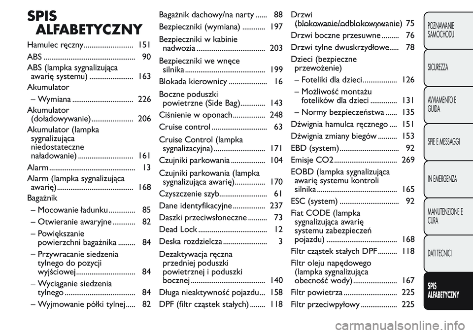 FIAT FIORINO 2017  Instrukcja obsługi (in Polish) SPIS
ALFABETYCZNY
Hamulec ręczny .......................... 151
ABS ................................................ 90
ABS (lampka sygnalizująca
awarię systemu) ....................... 163
Akumula