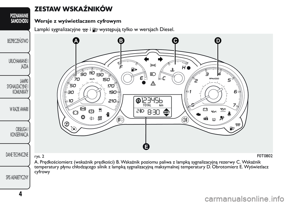 FIAT FIORINO 2017 Instrukcja obsługi (in Polish) ZESTAW WSKAŹNIKÓW
Wersje z wyświetlaczem cyfrowym
Lampki sygnalizacyjne
iwystępują tylko w wersjach Diesel.
A. Prędkościomierz (wskaźnik prędkości) B. Wskaźnik poziomu paliwa z lampką sygn FIAT FIORINO 2017 Instrukcja obsługi (in Polish) ZESTAW WSKAŹNIKÓW
Wersje z wyświetlaczem cyfrowym
Lampki sygnalizacyjne
iwystępują tylko w wersjach Diesel.
A. Prędkościomierz (wskaźnik prędkości) B. Wskaźnik poziomu paliwa z lampką sygn