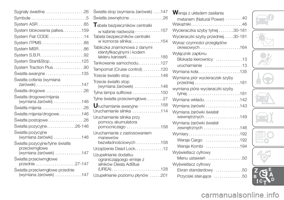 FIAT FIORINO 2019  Instrukcja obsługi (in Polish) Sygnały świetlne....................26
Symbole.............................5
System ASR........................85
System blokowania paliwa..........159
System Fiat CODE..................14
System iT