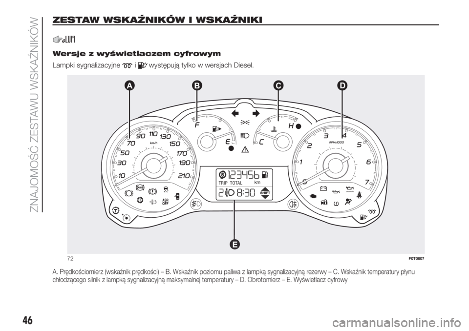 FIAT FIORINO 2019  Instrukcja obsługi (in Polish) ZESTAW WSKAŹNIKÓW I WSKAŹNIKI.
.
Wersje z wyświetlaczem cyfrowym
Lampki sygnalizacyjne
iwystępują tylko w wersjach Diesel.
A. Prędkościomierz (wskaźnik prędkości) – B. Wskaźnik poziomu p