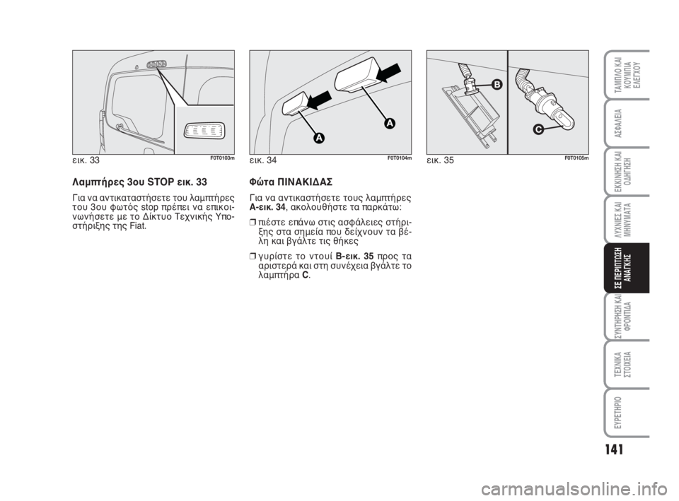 FIAT FIORINO 2014  ΒΙΒΛΙΟ ΧΡΗΣΗΣ ΚΑΙ ΣΥΝΤΗΡΗΣΗΣ (in Greek) 141
ΛΥΧΝΙΕΣ ΚΑΙ
ΜΗΝΥΜΑΤΑ
ΣΥΝΤΗΡΗΣΗ ΚΑΙ
ΦΡΟΝΤΙΔΑ
ΤΕΧΝΙΚΑ
ΣΤΟΙΧΕΙΑ
ΕΥΡΕΤΗΡΙΟ
ΤΑΜΠΛΟ ΚΑΙ
ΚΟΥΜΠΙΑ
ΕΛΕΓΧΟΥ
ΑΣΦΑΛΕ�