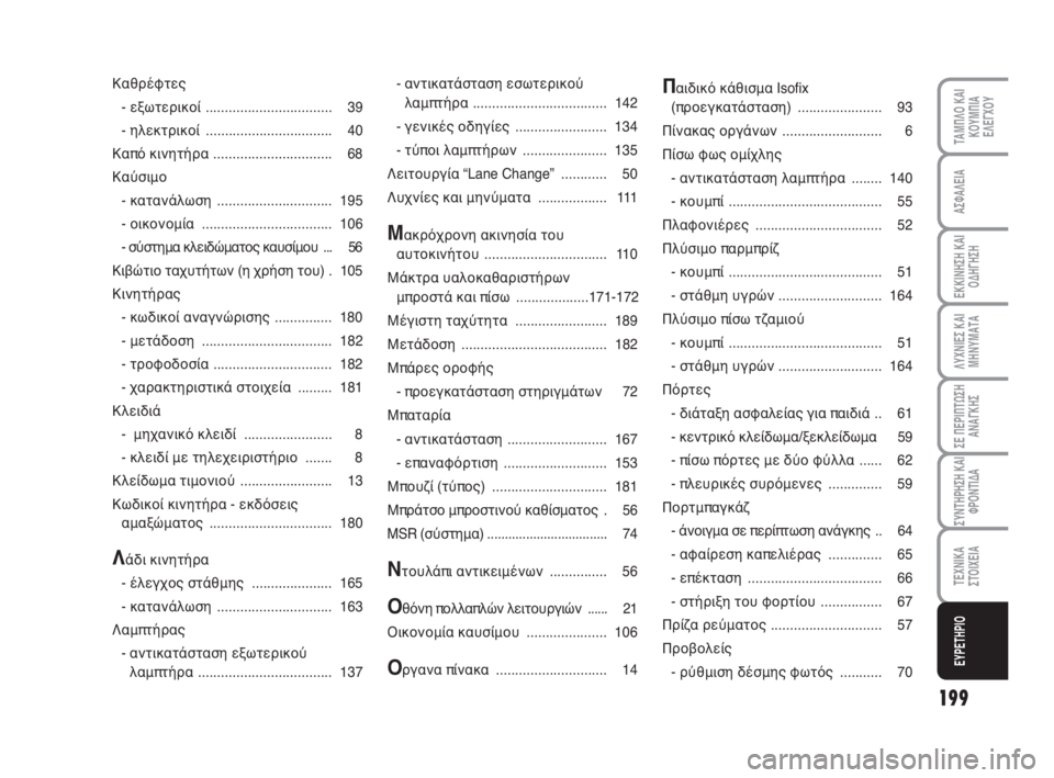 FIAT FIORINO 2010  ΒΙΒΛΙΟ ΧΡΗΣΗΣ ΚΑΙ ΣΥΝΤΗΡΗΣΗΣ (in Greek) 199
ΛΥΧΝΙΕΣ ΚΑΙ
ΜΗΝΥΜΑΤΑ
ΤΑΜΠΛΟ ΚΑΙ
ΚΟΥΜΠΙΑ
ΕΛΕΓΧΟΥ
ΑΣΦΑΛΕΙΑ
ΕΚΚΙΝΗΣΗ ΚΑΙ
ΟΔΗΓΗΣΗ
ΣΕ ΠΕΡΙΠΤΩΣΗ
ΑΝΑΓΚΗΣ
ΣΥΝΤΗΡ