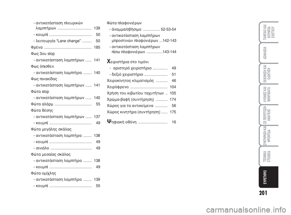 FIAT FIORINO 2010  ΒΙΒΛΙΟ ΧΡΗΣΗΣ ΚΑΙ ΣΥΝΤΗΡΗΣΗΣ (in Greek) 201
ΛΥΧΝΙΕΣ ΚΑΙ
ΜΗΝΥΜΑΤΑ
ΤΑΜΠΛΟ ΚΑΙ
ΚΟΥΜΠΙΑ
ΕΛΕΓΧΟΥ
ΑΣΦΑΛΕΙΑ
ΕΚΚΙΝΗΣΗ ΚΑΙ
ΟΔΗΓΗΣΗ
ΣΕ ΠΕΡΙΠΤΩΣΗ
ΑΝΑΓΚΗΣ
ΣΥΝΤΗΡ