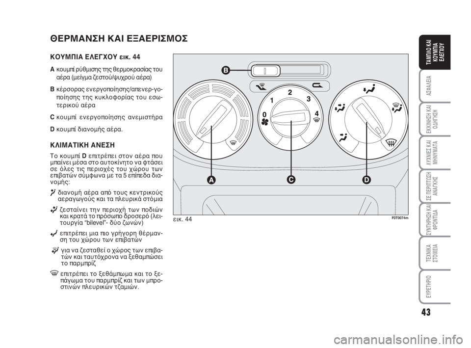 FIAT FIORINO 2014  ΒΙΒΛΙΟ ΧΡΗΣΗΣ ΚΑΙ ΣΥΝΤΗΡΗΣΗΣ (in Greek) ΘΕΡΜΑΝΣΗ ΚΑΙ ΕΞΑΕΡΙΣΜΟΣ
ΚΟΥΜΠΙΑ ΕΛΕΓΧΟΥ εικ. 44
Aκουμπί ρύθμισης της θερμοκρασίας του
αέρα (μείγμα ζεστού/ψυχρ