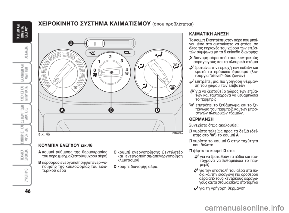 FIAT FIORINO 2010  ΒΙΒΛΙΟ ΧΡΗΣΗΣ ΚΑΙ ΣΥΝΤΗΡΗΣΗΣ (in Greek) 46
ΑΣΦΑΛΕΙΑ
ΕΚΚΙΝΗΣΗ ΚΑΙ
ΟΔΗΓΗΣΗ
ΛΥΧΝΙΕΣ ΚΑΙ
ΜΗΝΥΜΑΤΑ
ΣΕ ΠΕΡΙΠΤΩΣΗ
ΑΝΑΓΚΗΣ
ΣΥΝΤΗΡΗΣΗ ΚΑΙ
ΦΡΟΝΤΙΔΑ
ΤΕΧΝΙΚΑ
ΣΤ�