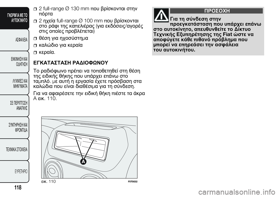 FIAT FIORINO 2017 ΒΙΒΛΙΟ ΧΡΗΣΗΣ ΚΑΙ ΣΥΝΤΗΡΗΣΗΣ (in Greek) 2 full-range Ø 130 mm που βρίσκονται στην
πόρτα
2ηχείαfull-range Ø 100 mm που βρίσκονται
στο ράφι της καπελιέρας(για εκδόσεις/ FIAT FIORINO 2017 ΒΙΒΛΙΟ ΧΡΗΣΗΣ ΚΑΙ ΣΥΝΤΗΡΗΣΗΣ (in Greek) 2 full-range Ø 130 mm που βρίσκονται στην
πόρτα
2ηχείαfull-range Ø 100 mm που βρίσκονται
στο ράφι της καπελιέρας(για εκδόσεις/