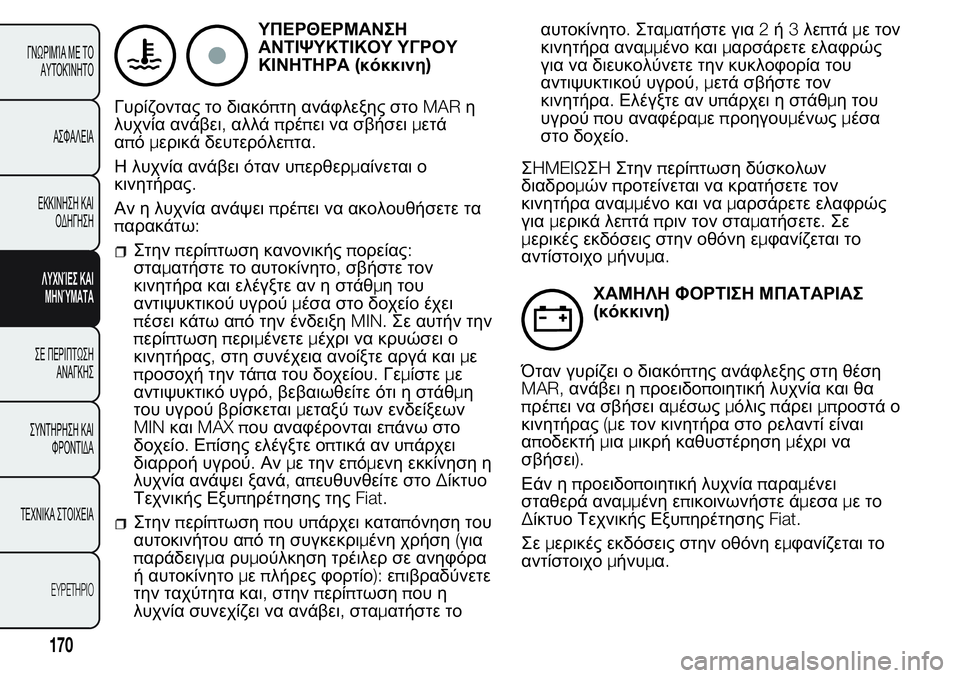 FIAT FIORINO 2017  ΒΙΒΛΙΟ ΧΡΗΣΗΣ ΚΑΙ ΣΥΝΤΗΡΗΣΗΣ (in Greek) ΥΠΕΡΘΕΡΜΑΝΣΗ
ΑΝΤΙΨΥΚΤΙΚΟΥ ΥΓΡΟΥ
ΚΙΝΗΤΗΡΑ(κόκκινη)
Γυρίζοντας το διακόπτη ανάφλεξης στοMARη
λυχνία ανάβει,αλλ