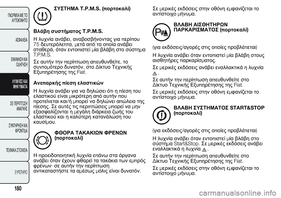 FIAT FIORINO 2017  ΒΙΒΛΙΟ ΧΡΗΣΗΣ ΚΑΙ ΣΥΝΤΗΡΗΣΗΣ (in Greek) ΣΥΣΤΗΜΑT.P.M.S. (πορτοκαλί)
Βλάβη συστήματοςT.P.M.S.
Η λυχνία ανάβει,αναβοσβήνοντας γιαπερίπου
75δευτερόλεπτα,μετά 