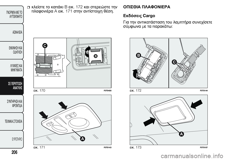 FIAT FIORINO 2017  ΒΙΒΛΙΟ ΧΡΗΣΗΣ ΚΑΙ ΣΥΝΤΗΡΗΣΗΣ (in Greek) κλείστε το καπάκιBεικ. 172και στερεώστε την
πλαφονιέραAεικ. 171στην αντίστοιχη θέση.ΟΠΙΣΘΙΑ ΠΛΑΦΟΝΙΕΡΑ
Εκδόσεις