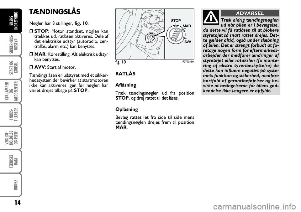 FIAT FIORINO 2008  Brugs- og vedligeholdelsesvejledning (in Danish) 14
SIKKERHEDS-UDSTYR
START OG KØRSEL
KTR.LAMPER  OG 
MEDDELELSER
I NØDS-
TILFÆLDE
VEDLIGE-
HOLDELSE OG PLEJE
TEKNISKE DATA
INDEKS
BILENS
INDRETNING
fig. 10F0T0039m
Træk aldrig tændingsnøglen
ud 