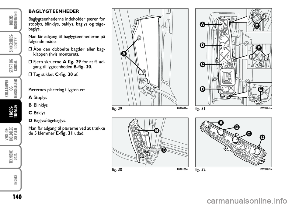 FIAT FIORINO 2008 Brugs- og vedligeholdelsesvejledning (in Danish) BAGLYGTEENHEDER
Baglygteenhederne indeholder pærer for
stoplys, blinklys, baklys, baglys og tåge-
baglys.
Man får adgang til baglygteenhederne på
følgende måde:
❒Åbn den dobbelte bagdør elle FIAT FIORINO 2008 Brugs- og vedligeholdelsesvejledning (in Danish) BAGLYGTEENHEDER
Baglygteenhederne indeholder pærer for
stoplys, blinklys, baklys, baglys og tåge-
baglys.
Man får adgang til baglygteenhederne på
følgende måde:
❒Åbn den dobbelte bagdør elle