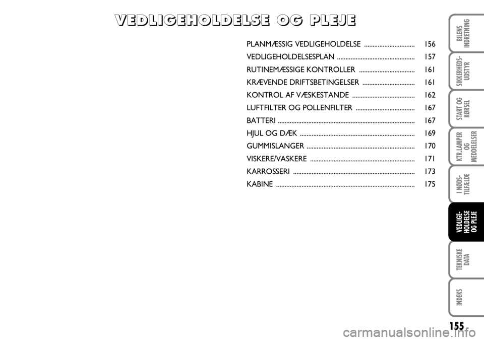 FIAT FIORINO 2008 Brugs- og vedligeholdelsesvejledning (in Danish) 155
TEKNISKEDATA
INDEKS
BILENS
INDRETNING
SIKKERHEDS- UDSTYR
START OG KØRSEL
KTR.LAMPER OG
MEDDELELSER
I NØDS-
TILFÆLDE
VEDLIGE-
HOLDELSE OG PLEJE
PLANMÆSSIG VEDLIGEHOLDELSE ................... FIAT FIORINO 2008 Brugs- og vedligeholdelsesvejledning (in Danish) 155
TEKNISKEDATA
INDEKS
BILENS
INDRETNING
SIKKERHEDS- UDSTYR
START OG KØRSEL
KTR.LAMPER OG
MEDDELELSER
I NØDS-
TILFÆLDE
VEDLIGE-
HOLDELSE OG PLEJE
PLANMÆSSIG VEDLIGEHOLDELSE ...................