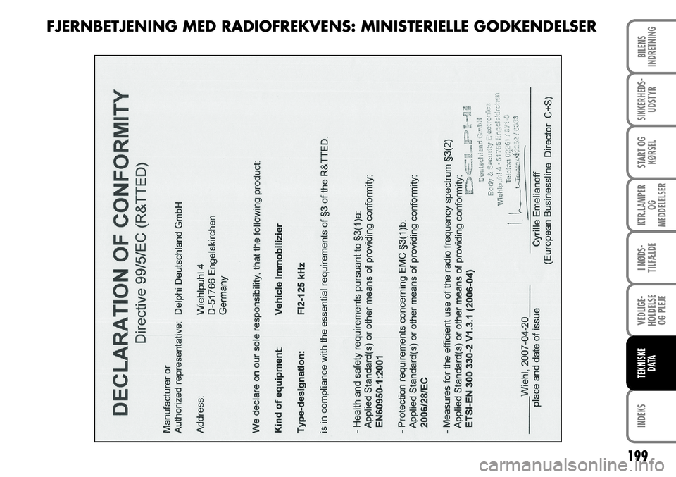 FIAT FIORINO 2008 Brugs- og vedligeholdelsesvejledning (in Danish) 199
INDEKS
BILENS
INDRETNING
SIKKERHEDS- UDSTYR
START OG KØRSEL
KTR.LAMPER OG
MEDDELELSER
I NØDS-
TILFÆLDE
VEDLIGE-
HOLDELSE OG PLEJE
TEKNISKE DATA
FJERNBETJENING MED RADIOFREKVENS: MINISTERIELLE FIAT FIORINO 2008 Brugs- og vedligeholdelsesvejledning (in Danish) 199
INDEKS
BILENS
INDRETNING
SIKKERHEDS- UDSTYR
START OG KØRSEL
KTR.LAMPER OG
MEDDELELSER
I NØDS-
TILFÆLDE
VEDLIGE-
HOLDELSE OG PLEJE
TEKNISKE DATA
FJERNBETJENING MED RADIOFREKVENS: MINISTERIELLE