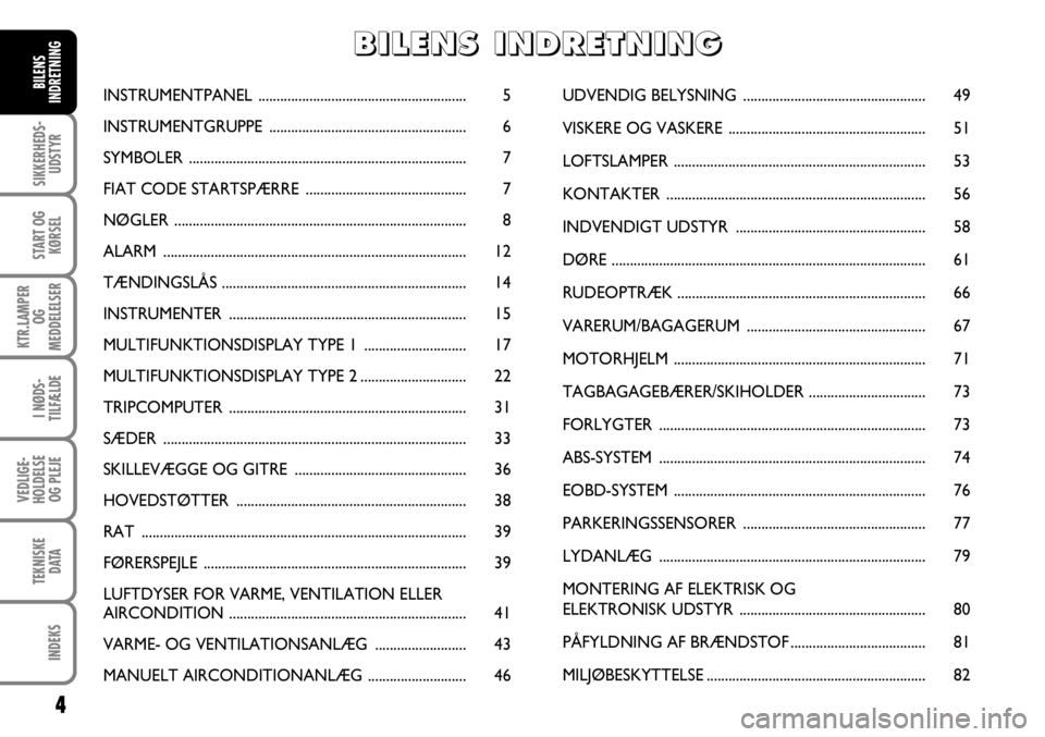 FIAT FIORINO 2008  Brugs- og vedligeholdelsesvejledning (in Danish) 4
SIKKERHEDS-UDSTYR
START OG KØRSEL
KTR.LAMPER  OG 
MEDDELELSER
I NØDS-
TILFÆLDE
VEDLIGE-
HOLDELSE OG PLEJE
TEKNISKE DATA
INDEKS
BILENS
INDRETNINGINSTRUMENTPANEL  ..................................