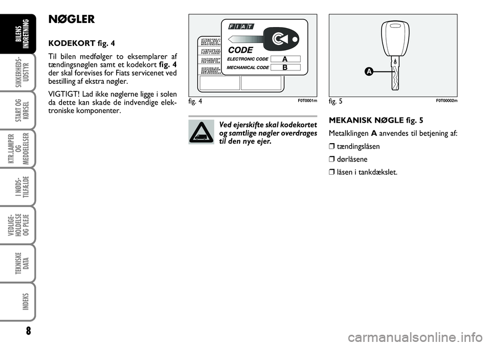 FIAT FIORINO 2008  Brugs- og vedligeholdelsesvejledning (in Danish) 8
SIKKERHEDS-UDSTYR
START OG KØRSEL
KTR.LAMPER  OG 
MEDDELELSER
I NØDS-
TILFÆLDE
VEDLIGE-
HOLDELSE OG PLEJE
TEKNISKE DATA
INDEKS
BILENS
INDRETNING
NØGLER
KODEKORT fig. 4
Til bilen medfølger to ek