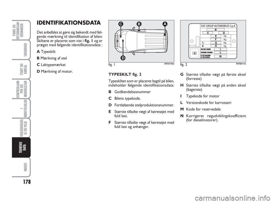 FIAT FIORINO 2013  Brugs- og vedligeholdelsesvejledning (in Danish) TYPESKILT fig. 2
Typeskiltet som er placeret bagtil på bilen,
indeholder følgende identifikationsdata:
BGodkendelsesnummer
CBilens typekode.
DFortløbende stelproduktionsnummer.
EStørste tilladte v