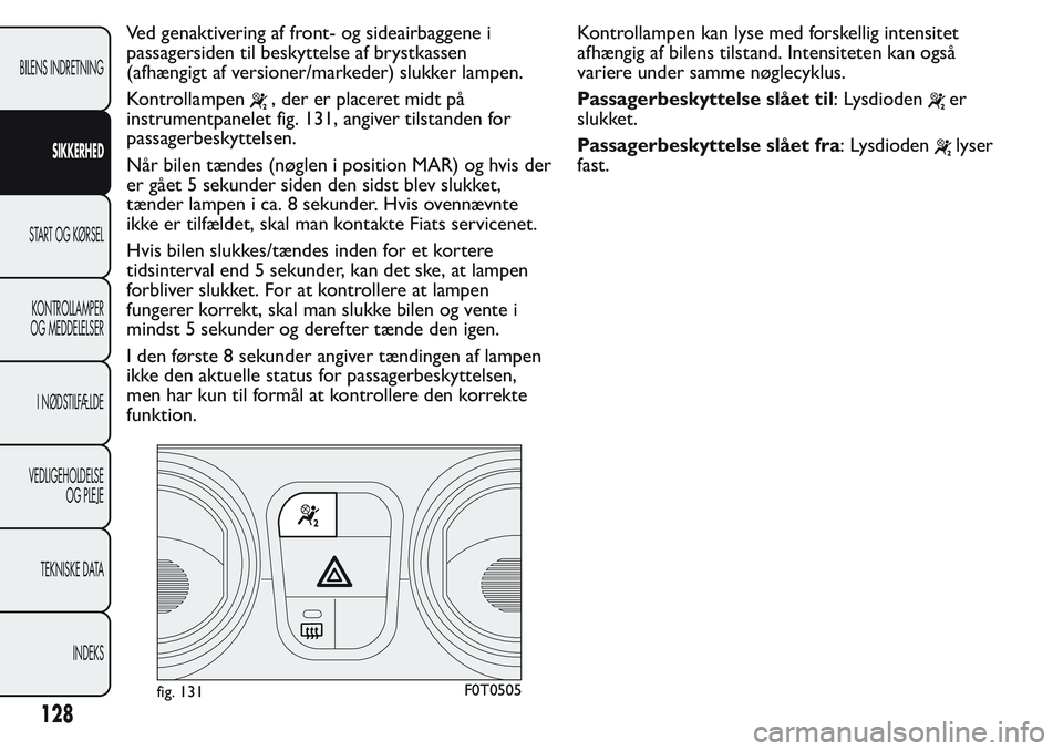 FIAT FIORINO 2017  Brugs- og vedligeholdelsesvejledning (in Danish) Ved genaktivering af front- og sideairbaggene i
passagersiden til beskyttelse af brystkassen
(afhængigt af versioner/markeder) slukker lampen.
Kontrollampen
, der er placeret midt på
instrumentpanel
