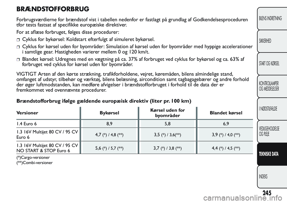 FIAT FIORINO 2017 Brugs- og vedligeholdelsesvejledning (in Danish) BRÆNDSTOFFORBRUG
Forbrugsværdierne for brændstof vist i tabellen nedenfor er fastlagt på grundlag af Godkendelsesproceduren
tfor tests fastsat af specifikke europæiske direktiver.
For at aflæse FIAT FIORINO 2017 Brugs- og vedligeholdelsesvejledning (in Danish) BRÆNDSTOFFORBRUG
Forbrugsværdierne for brændstof vist i tabellen nedenfor er fastlagt på grundlag af Godkendelsesproceduren
tfor tests fastsat af specifikke europæiske direktiver.
For at aflæse