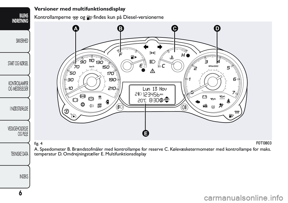 FIAT FIORINO 2017  Brugs- og vedligeholdelsesvejledning (in Danish) Versioner med multifunktionsdisplay
Kontrollamperne
ogfindes kun på Diesel-versionerne
A. Speedometer B. Brændstofmåler med kontrollampe for reserve C. Kølevæsketermometer med kontrollampe for ma